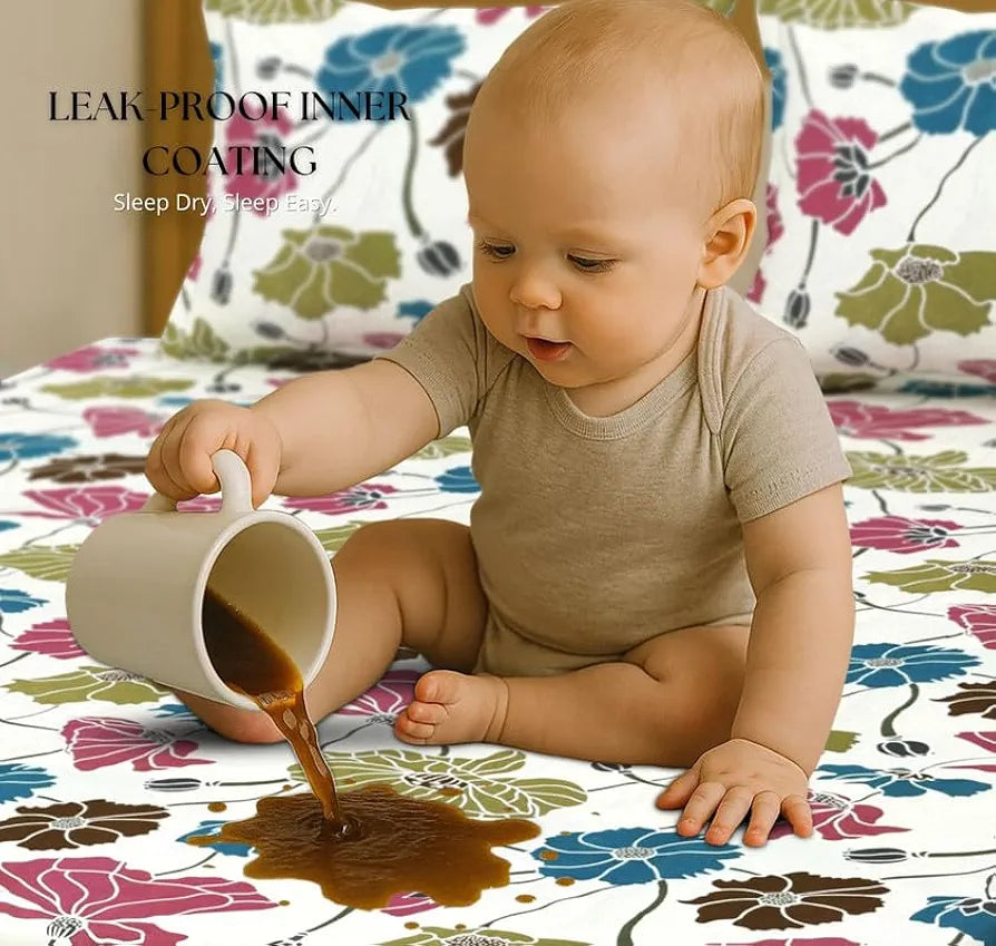 HOMEKART Waterproof Fitted Bedsheet for King Size 78x72+10 inch | Leakproof, Noiseless, Skin-Friendly | Elastic Bed Sheet with 2 Pillow Covers | Dustproof & Breathable -White & Blue