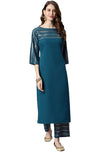 Janasya Women's Teal Poly Crepe Striped Kurta with Palazzo
