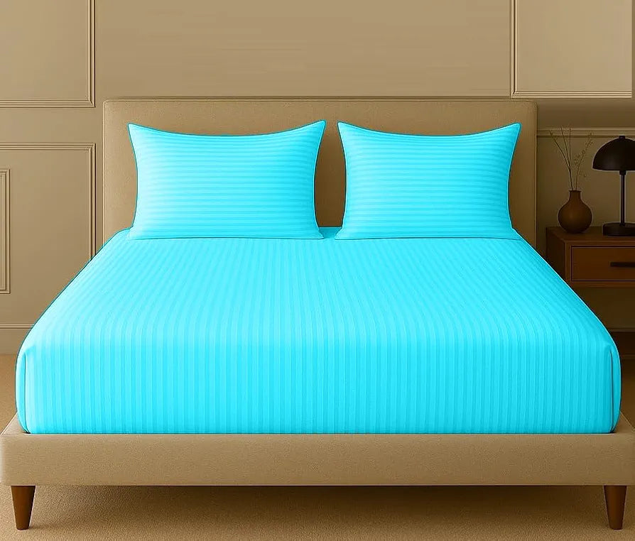 Trance Home Linen 100% Cotton 78x66 inch 200TC Satin Stripe Elastic Fitted Bedsheet | Daily Use Double Bed Fitted Bedspread with 2 Pillow Covers 