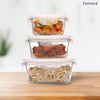 Femora Borosilicate Rectangular Glass Food Storage Container With Air Vent Lid | Set of 3 Pieces | 400 Ml, 620 Ml, 1000 Ml