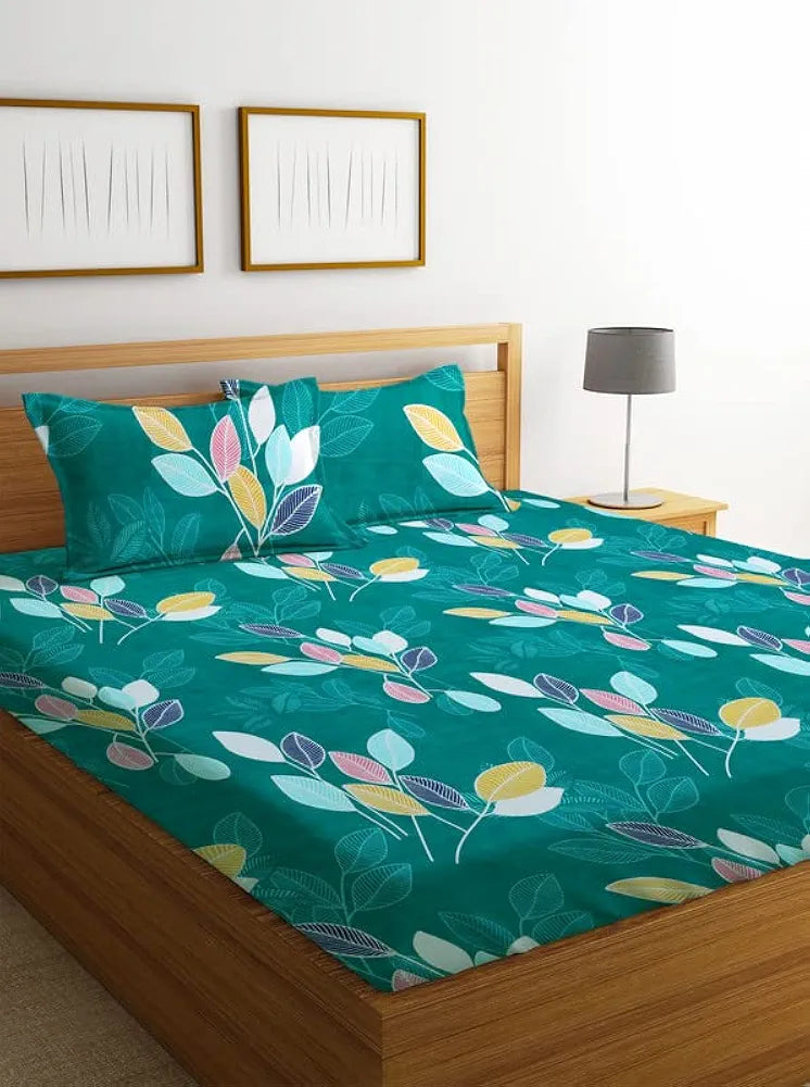 BSB HOME Prime Collections 160tc Pure Microfiber Glace Cotton Breathable Supersoft Wrinkelfree Double Bedsheet with 2 King Size Pillow Covers-Green and Blue