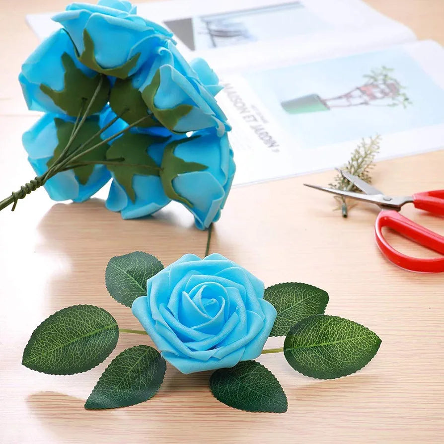 Higfra Artificial Roses Flowers Real Looking Fake Roses Artificial Foam Roses Decoration DIY Bouquets Centerpieces, Arrangements Party Home Decorations – Blue