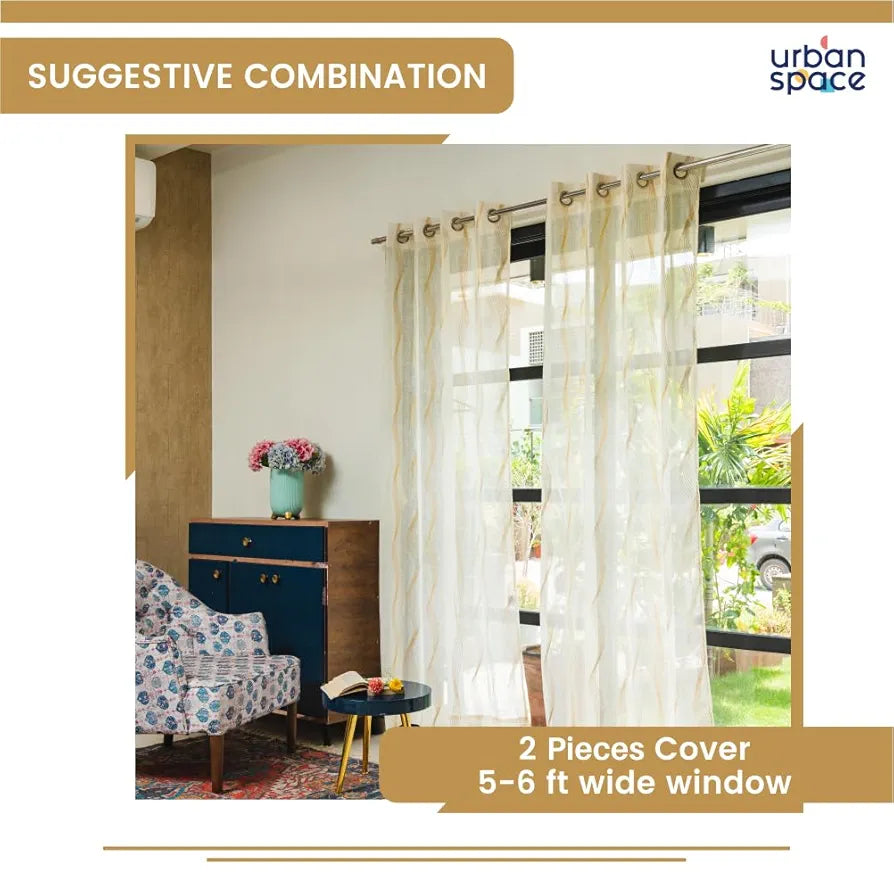 Urban Space Linen Textured Metallic Gold Foil Sheer Curtains for Door, 35-40% Room Darkening, Set of 2 Decorative Curtains with Tieback and Eyelets 