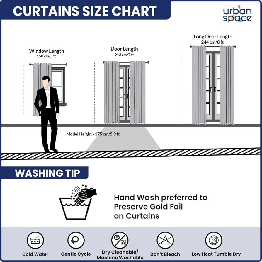 Urban Space Blackout Curtains for Living Room, Gold Foil Printed Luxurious 100% Blackout Decorative Door Curtain Eyelet with Tieback, 1 Piece 