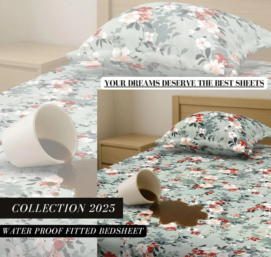 Waterproof Fitted Bedsheet for King Size 78x72+10 inch | Leakproof, Noiseless, Skin-Friendly | Elastic Bed Sheet with 2 Pillow Covers | Dustproof & Breathable -Grey & White