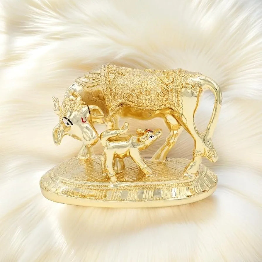JAIPUR ACE Kamdhenu Cow with Calf Statue, Standard Size, Golden   