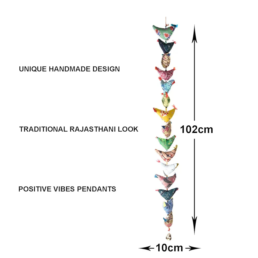 Kuber Industries Rajasthani Traditional Windchimes|15 Hanging Birds with Bell|Polyester Handcrafted Latkan|Decorative Door Hanging Latkan 