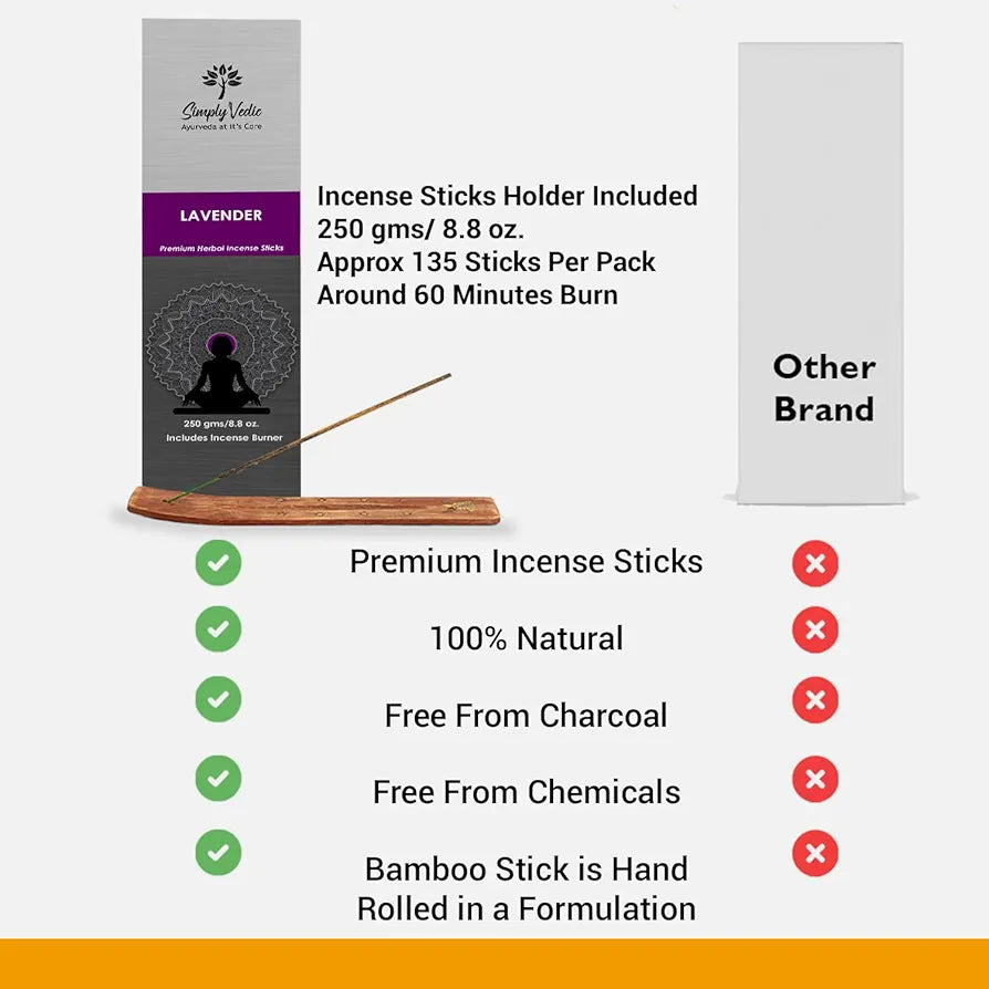 Simply Vedic Lavender Incense Sticks with Holder – 135 Handmade Charcoal-Free Agarbatti | Natural Essential Oil Aromatherapy for Meditation, Yoga, Pooja, Relaxation – 45 Min Burn, Gift Set