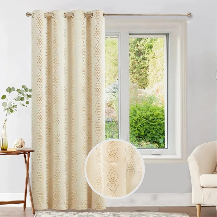 Urban Space Blackout Curtains for Living Room, Gold Foil Printed Luxurious 80-85% Blackout Decorative Curtains Eyelet with Tieback, 1 Piece - Diamond Beige 