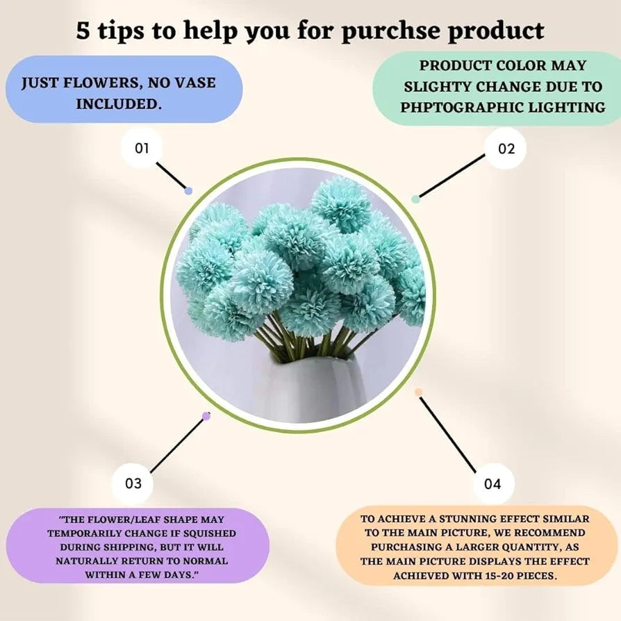 SATYAM KRAFT 5 Pcs Artificial Chrysanthemum Hydrangea Ball Flower Sticks for Home, Office, Bedroom, Balcony, Living Room, Wedding & Craft Decoration  