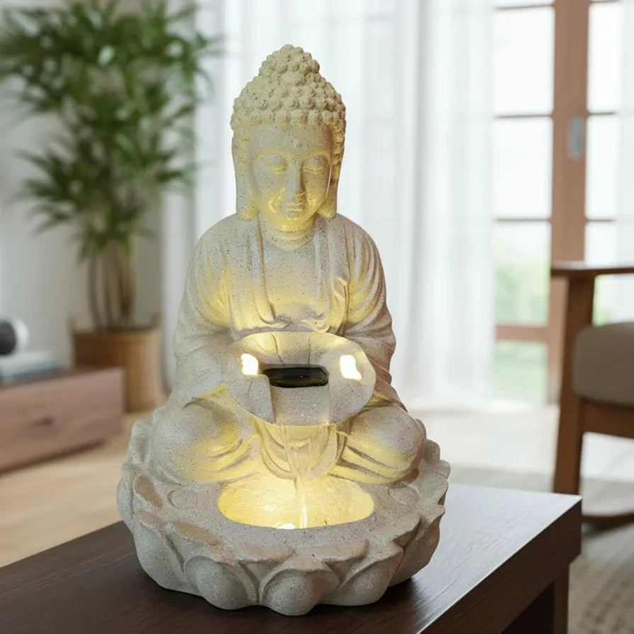 ALILA Polyresin Fiber Meditating Buddha Statue Water Fountain For Home Living Room Decor Decoration Indoor Outdoor Gifting Items, 21Inches/53Cm