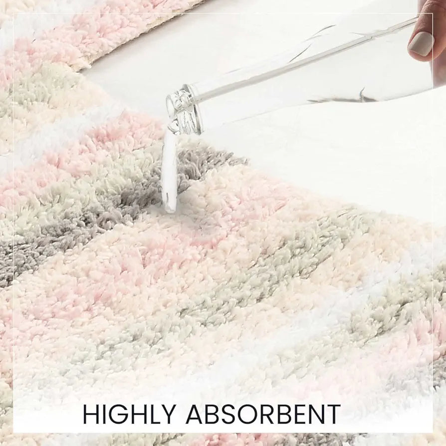 SASHAA WORLD Striped Anti-Skid Bathmat & Contour Set | Ultra Soft, Highly Absorbent, Perfect for Bathroom & Home, 2-Piece Set with Rectangle & Contour Mats | 50x80 cm, Peach, White & Grey