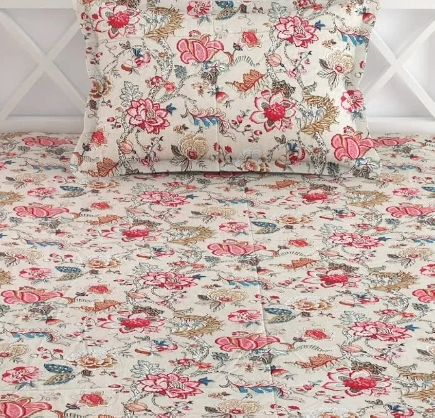 Trance Home Linen 144TC 100% Cotton Heritage Elastic Fitted Bedsheet with 1 Pillow Cover |Jaipuri Printed Artisan Block Design | Soft Hypo-Allergenic 