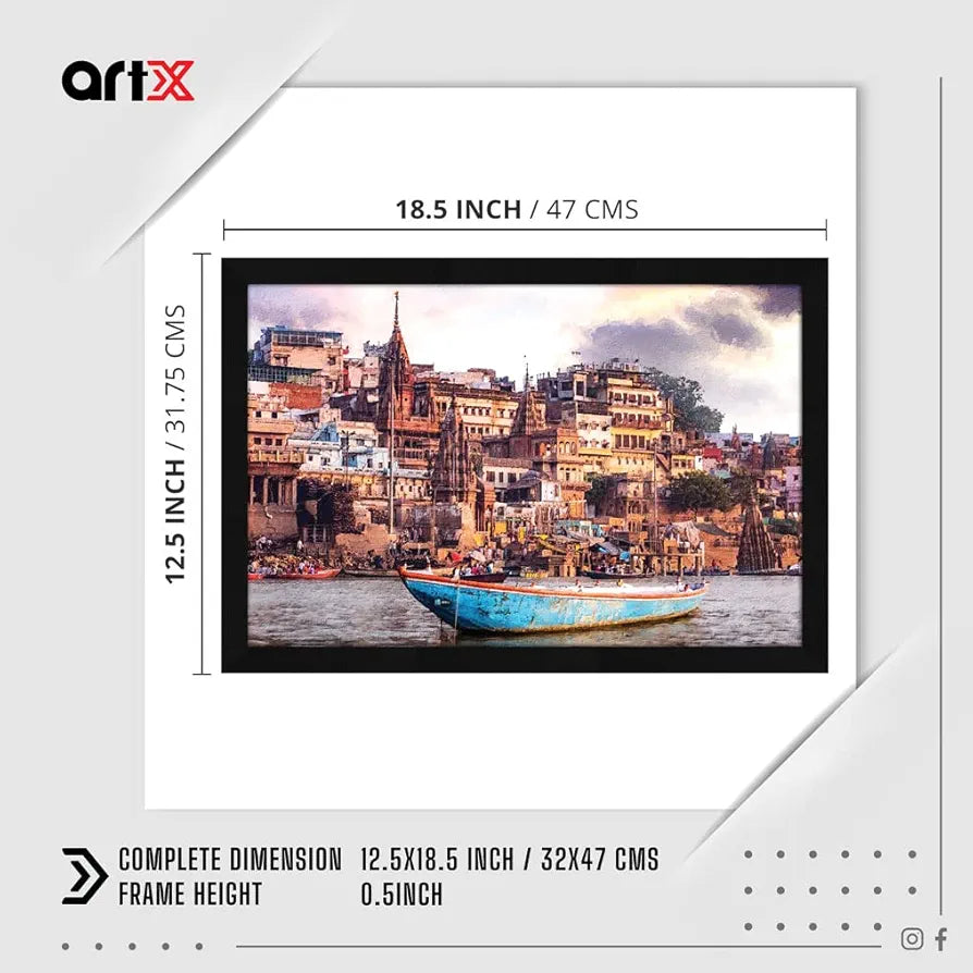 ArtX Paper Varanasi Ghat Wall Art Painting, Framed Painting Multicolor, Synthetic Wood 12.5X18.5 inches