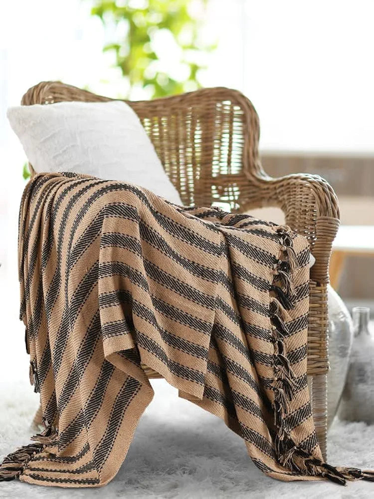 SASHAA WORLD Striped Throw Medium with Tasselled Edges |Throw for Living Room, Bedroom, Sofa & Chair |Camel Throw Blanket | 180 x130 cm