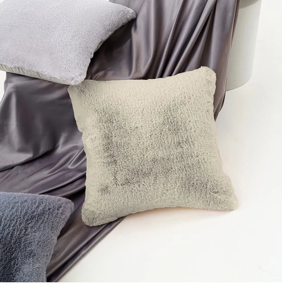 Luxe Home Cushion Cover 16 inch x 16 inch One Side Rabbit Fur Plain Design Covers Set of 2 for Sofa, Bedroom, livingroom 