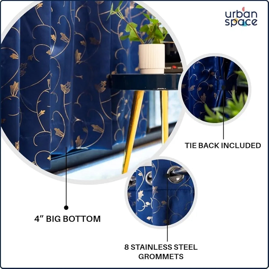 Urban Space Pure Blackout Opaque Curtains For Living Room, Gold Foil Printed Luxurious 80-85% Blackout Opaque Curtains Eyelet With Tieback, 1 Piece Pack, Vine Navy Blue 