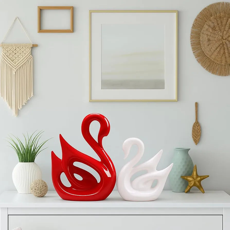 Xtore Lucky Swan Couple Piano Finish Ceramic Figures for Home Decor 