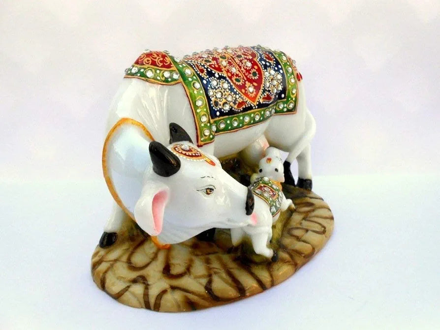 NRSON® Handicraft Decorative Marble dust Cow with Calf/Polyresin Cow and Calf Big Statue 5 x 3 x 3 inch 