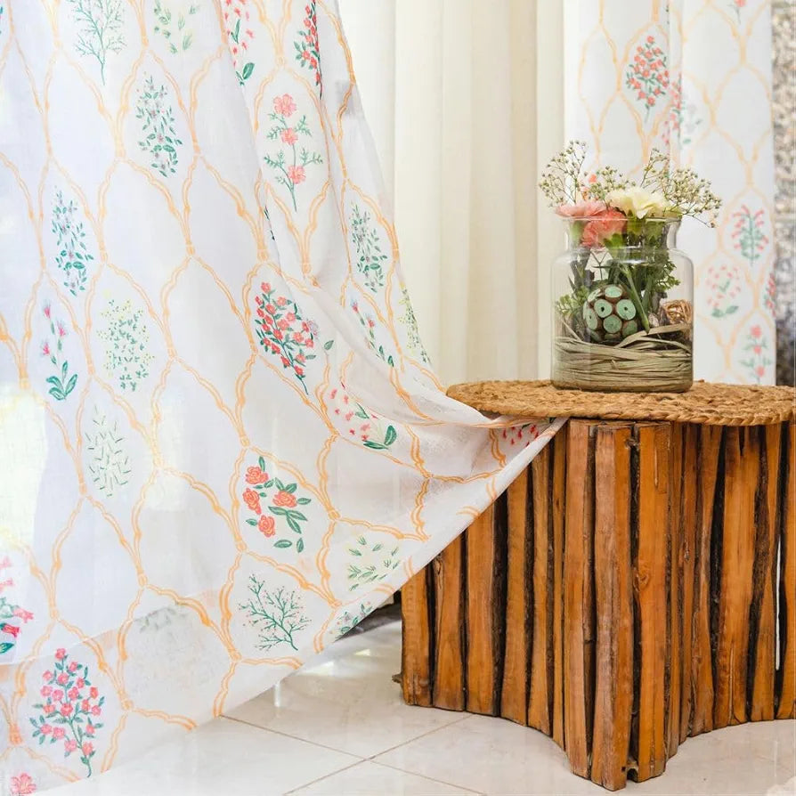 Urban Space Printed Sheer Linen Curtains for Door, 35-40% Light Filtering Linen Textured Decorative Curtains with Eyelets and TieBack for Bedroom, Set of 2 