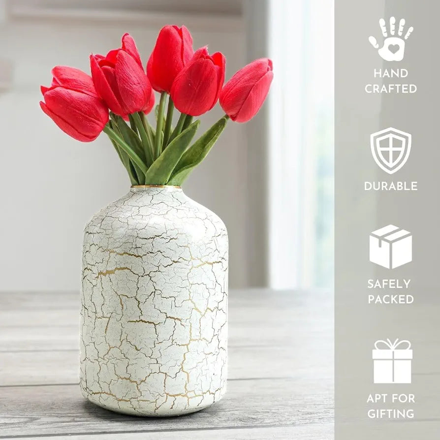 Behoma Metal Flower Vase for Home Decor Bedroom Living Room Office Wedding | Table Decorative Item for Festivals Birthday Off-White Crackled 1Pcs 