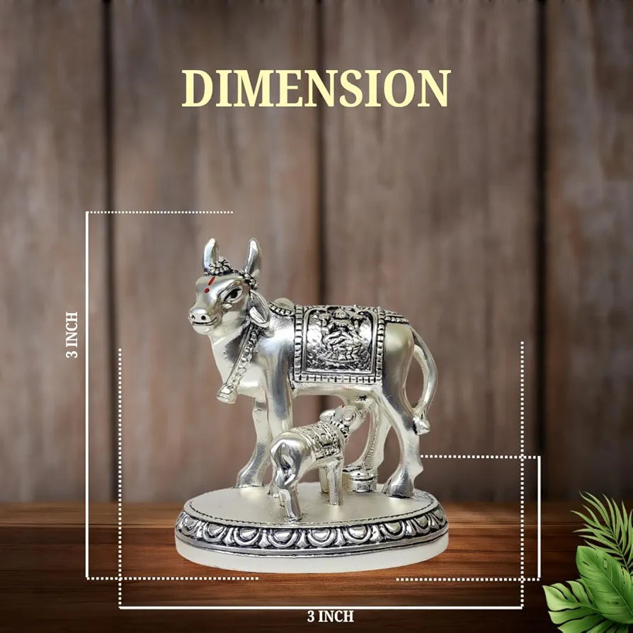 Gold Art India Kamdhenu Cow and Calf Idol | Silver Matte Finish Decorative Murti | 7.62 cm x 7.62 cm | Sacred Gau MATA Statue for Home Temple & Gift