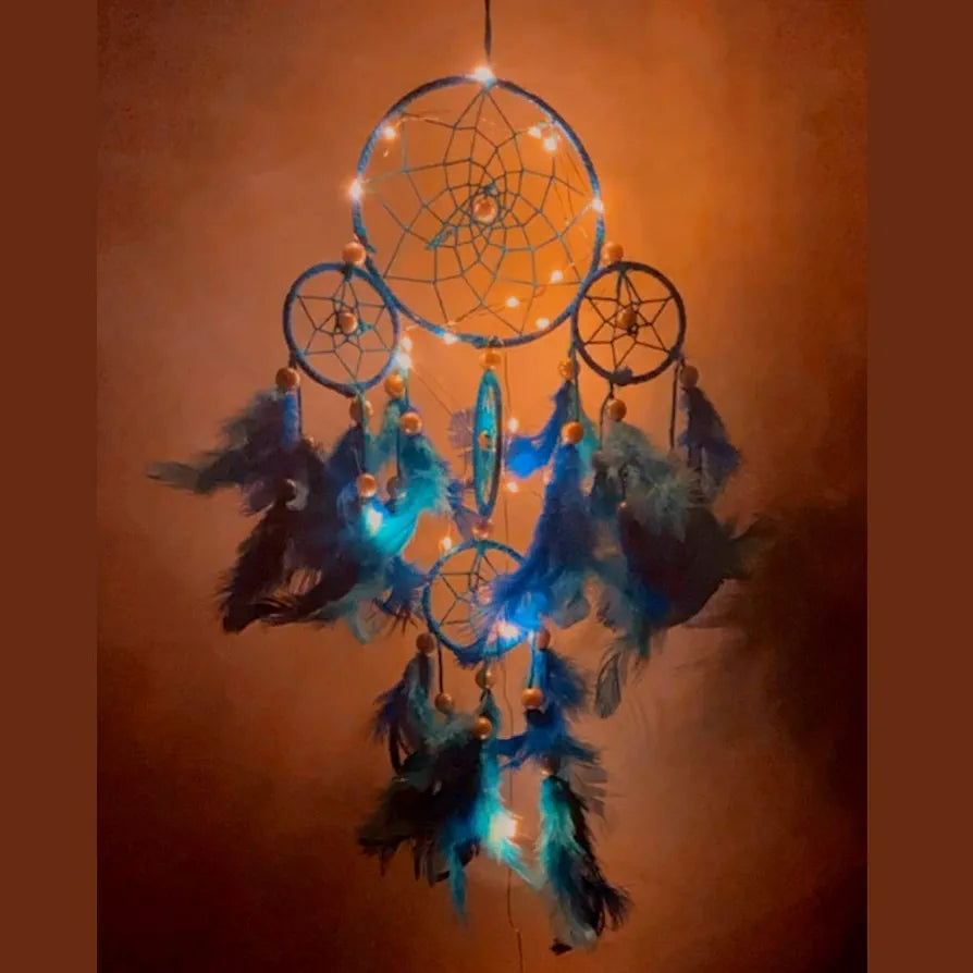 Rooh Dream Catcher ~ Blue 4 Tier with Pretty Lights ~ Handmade Hangings for Positivity 