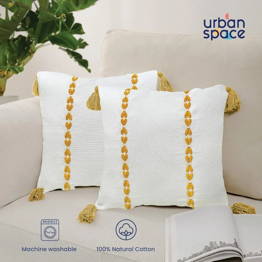 Urban Space Embroidered Cotton Cushion Cover Set of 2, 16 inch x 16 inch Cushion Covers for Sofa, Bedroom, Living Room 