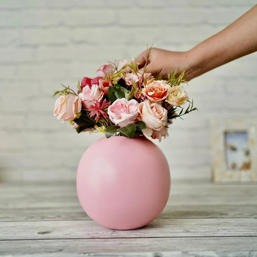 BEHOMA Metal Ball Round Vase for Home Decor | Table Decorative Item for Bedroom Living Room Office Wedding | Best Gift for Birthday Anniversary Festival | Pink, Medium