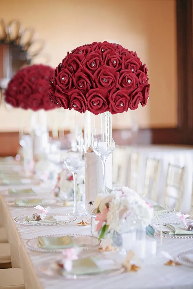 IPOPU 100PCS Burgundy Rose Artificial Flower Heads, 3in Real Looking Stemless Foam Roses Fake Flowers Bulk with Crystal for DIY Craft Wedding Bouquets Arrangements Party Home Decorations