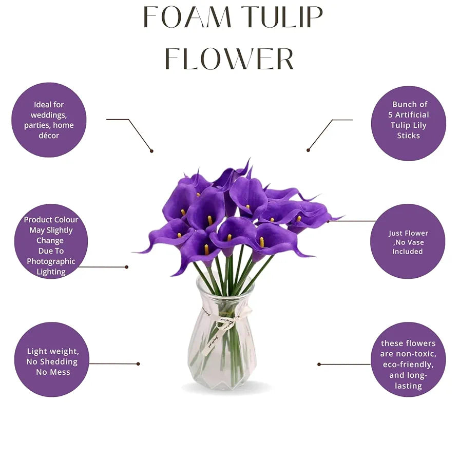 VERVENIX 5 Pcs Artificial Foam Tulip Lily Flower Sticks for Home, Office, and Festive Décor | Ideal for Weddings, Christmas, Valentine, Balcony, Tabletop & Gifting 