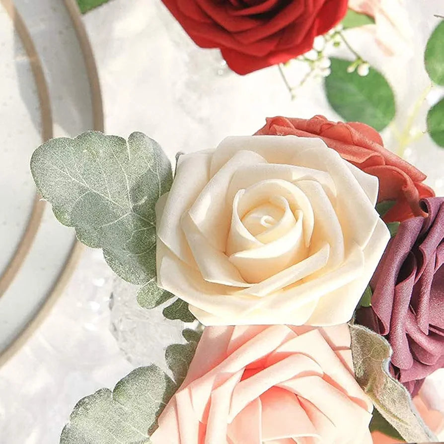 Artificial Flowers Champagne Roses W/Stem, Rustic Farmhouse Decor for Home Wedding Kitchen and Office Ideal Bridal Shower Party Home Decorations 25pcs