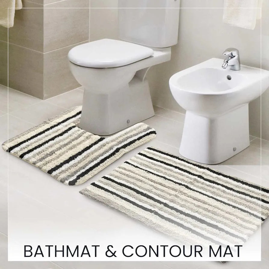 SASHAA WORLD Striped Anti-Skid Bathmat & Contour Set | Ultra Soft, Highly Absorbent, Ideal for Bathroom & Home Use, 2-Piece Set with Rectangle & Contour Mats | 50x80 cm, Black, White & Grey