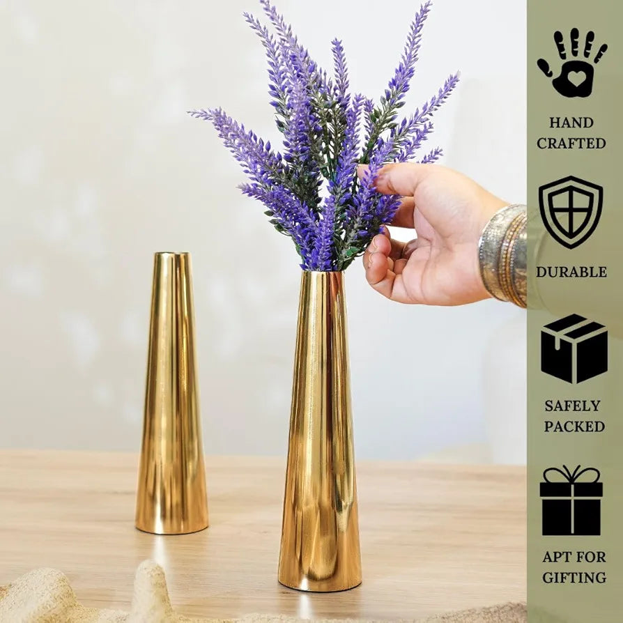 Behoma Golden Metal Slim Cone Flower Vase for Home Decor Bedroom Living Room Office Wedding Table Decorative Item for Festivals Birthday Valentine's Day  Small 