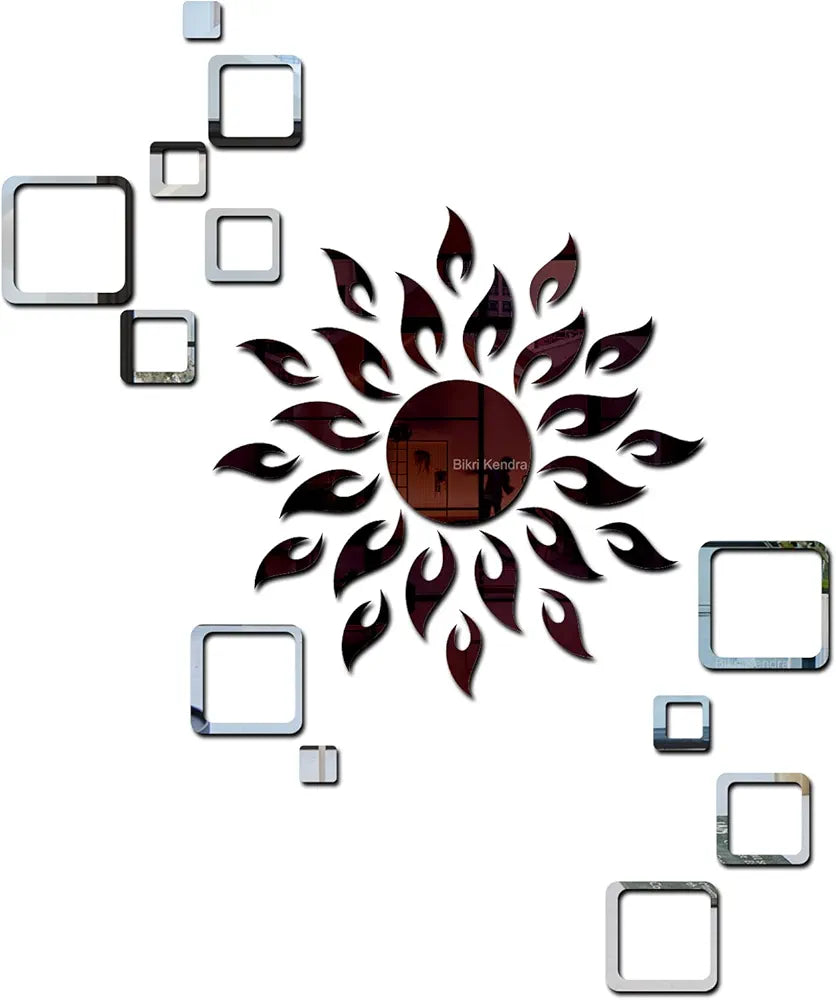 Bikri Kendra - Sun Brown with 2set Square Silver Mirror Sticker for Wall, Acrylic Sticker for Wall, 3D Wall Sticker