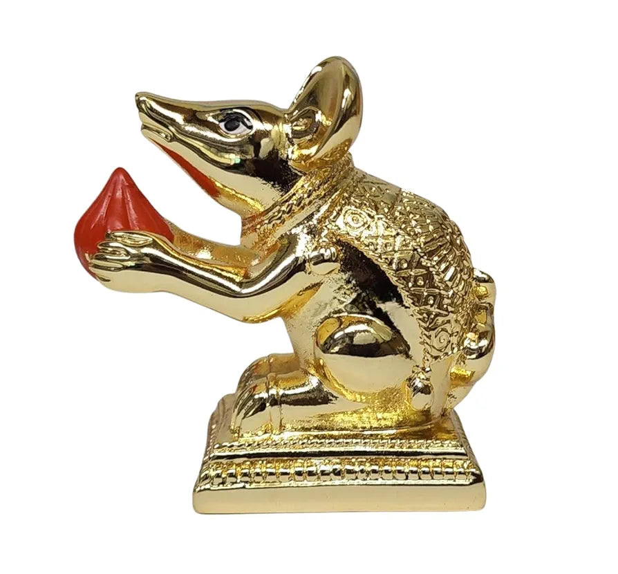 Gold Art India Gold-Plated Mushak  Mouse with Modak | Orange Terracotta Finish | Mouse Idol | Vehicle  of Lord Ganesha | 2.5 Inch Height | Home Decor, Mandir Pooja Room, Office Desk
