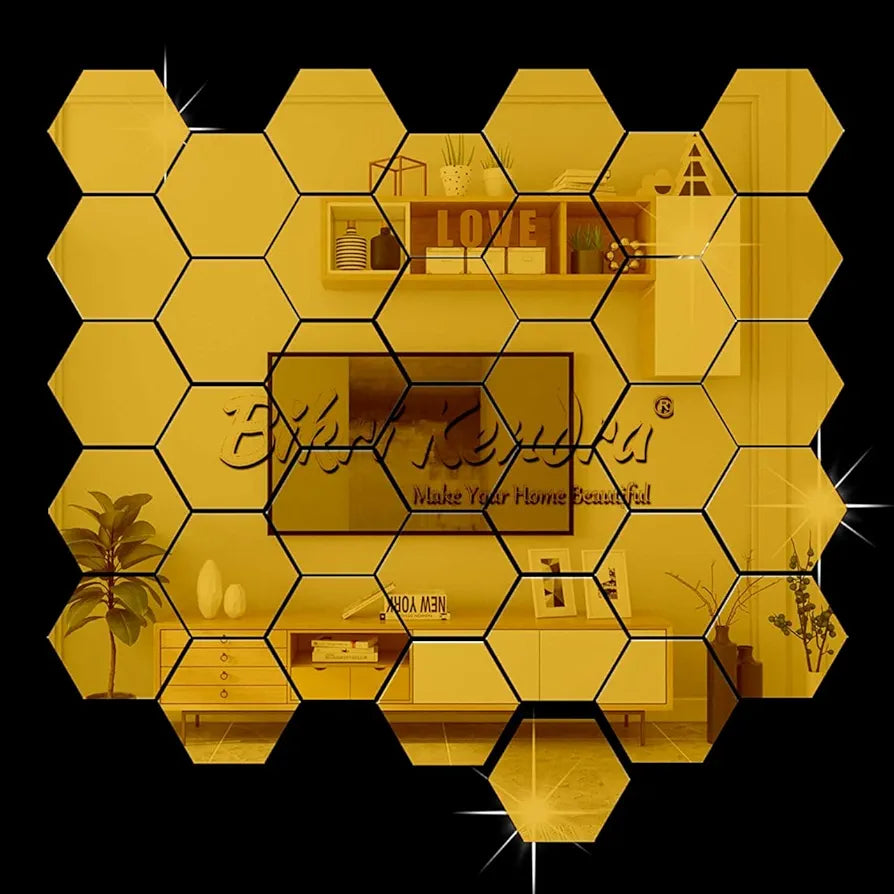 Bikri Kendra - 32 Hexagon with 20 Butterfly Golden Stickers for Wall, Hexagon Mirror, Acrylic Mirror, Wall Mirror Stickers, Wall