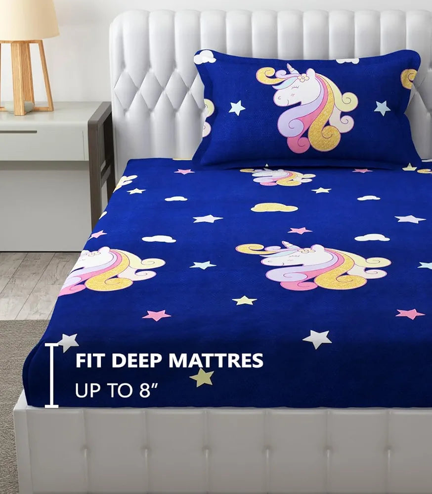 FRESH FROM LOOM Glace Cotton 300 TC Wrinkle Free Soft Elastic Fitted Bed Sheet|Cartoon Printed Bedsheets For Kids With 1 Pillow Cover Dinosaur/Blue), Smallsingle