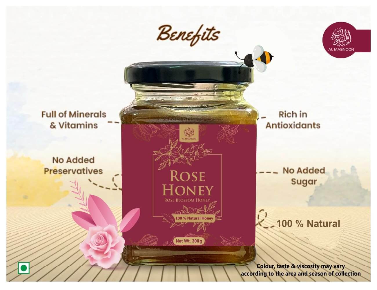 AL MASNOON ROSE HONEY 300gms (Pack of 1) / Rose Blossoms Honey 100% pure & Natural Guaranteed Honey