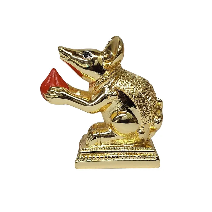 Gold Art India Gold-Plated Mushak  Mouse with Modak | Orange Terracotta Finish | Mouse Idol | Vehicle  of Lord Ganesha | 2.5 Inch Height | Home Decor, Mandir Pooja Room, Office Desk