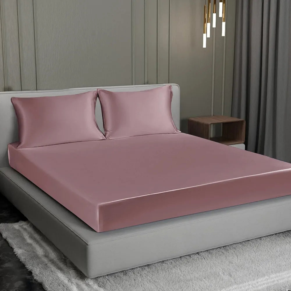 Cloth Fusion Satin Elastic Fitted Bedsheets Double Bed, Luxury Queen Size Bed Sheet with 2 Pillow Covers | H603 | 280 TC