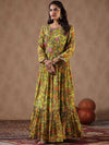 Scakhi Floral Printed Gathered Detail Chinon Silk Gown Maxi Length Ethnic Dress