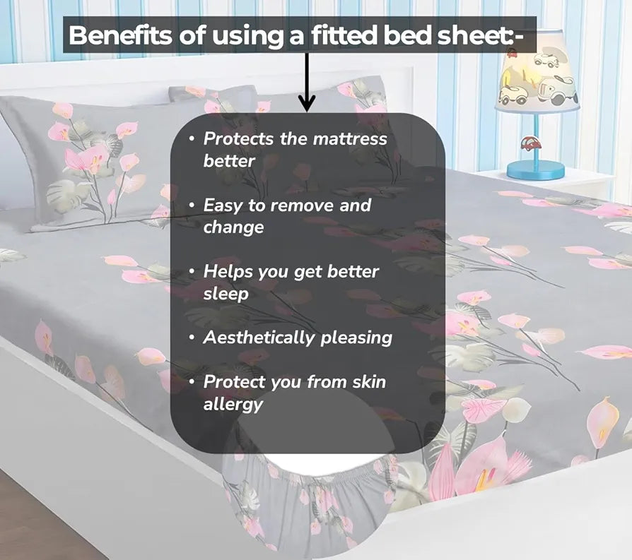 Premium Cotton Elastic Fitted Bedsheets with 2 King Size Pillow Covers Double Bed with All Around Elastic Supersoft Size - 72 x 78 +10 inches Flower Print Pink and Grey 200 tc - 220 tc