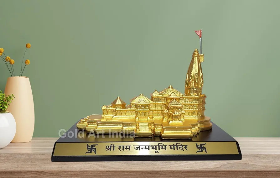 Gold Art India Ram Mandir Ayodhya Gold Plated Matte 24 Karat - Minature for Gifting, Puja Room, Office Desk, Home Decor 