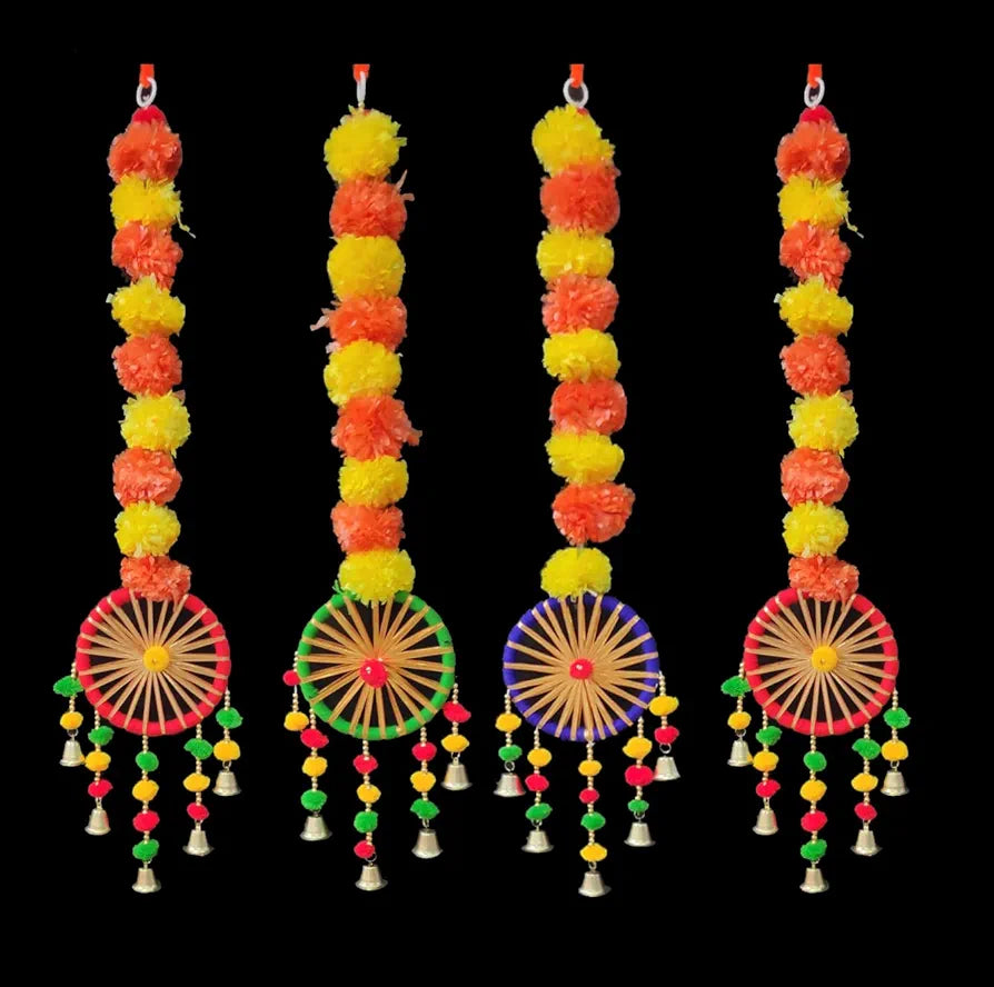 Just Flowers Set of 4 Artificial Marigold Flowers Wall Door Hanging Latkan Toran with Pom Pom Bells for Home Wedding Stage Backdrop Decoration 
