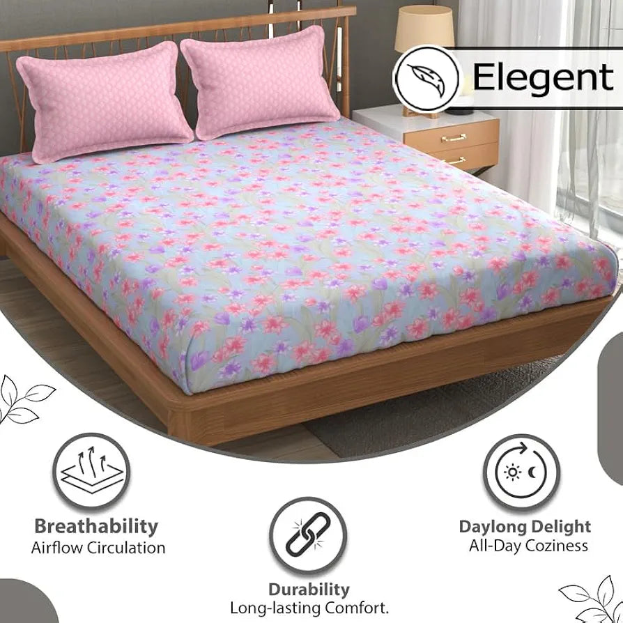 FRESH FROM LOOM Floral XXL Microfiber Soft Cotton 240 TC King Size | Hypoallergenic Bedsheet for Double Bed with 2 Pillow Cover | Anti Fade Printed Bed Cover 