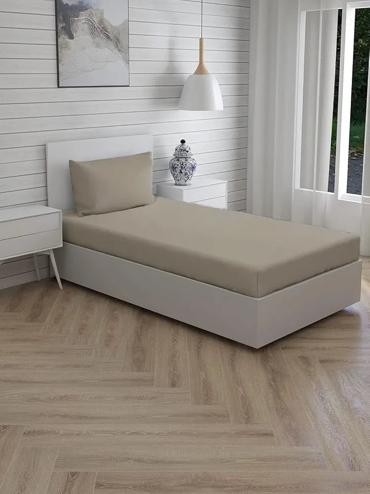 Trance Home Linen Premium 300 Tc Pure 100% Cotton Solid Single Size Fitted Bedsheet with 1 Pillow Cover,Small Single,Grey