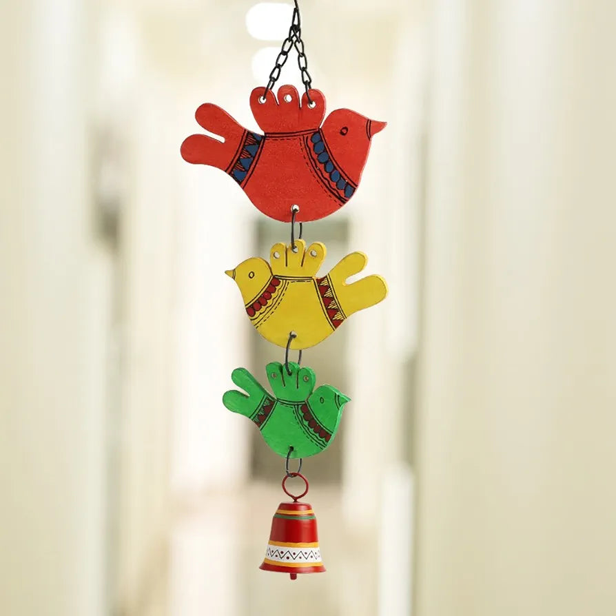 ExclusiveLane 'Birds and Bell' Garden Balcony Wall Decorative Hanging and Wind Chimes for Home with Good Sound  , Multicoloured, Standard