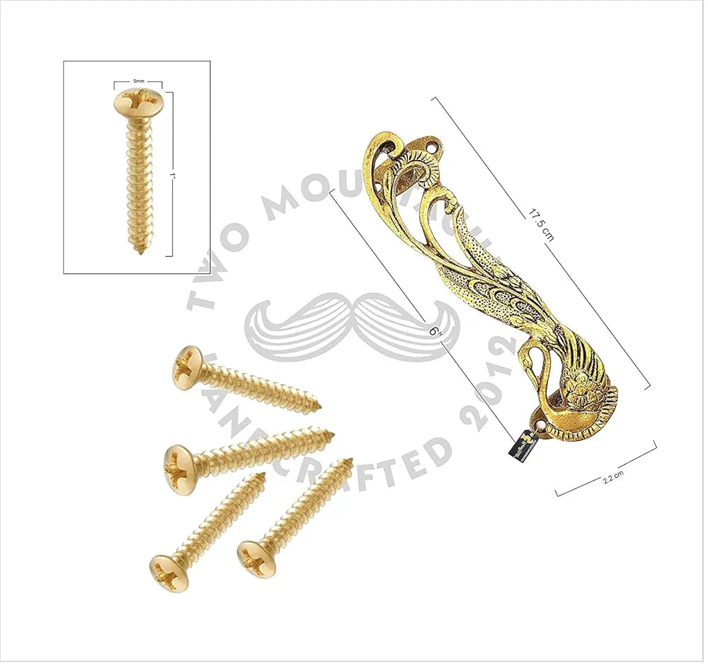Two Moustaches Peacock Design 7 Inches Brass Door Handle Pair - Antique Yellow, Standard, Pack of 1 - Brass, Pull Handle Pair