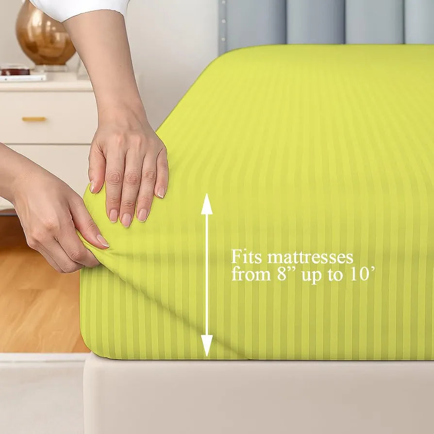 Trance Home Linen 100% Cotton 78x72 inch King Fitted 200TC Satin Stripe Elastic Fitted Bedsheet | Bedroom Hotels Daily Use Fitted Bedspread with 2 Pillow Covers 